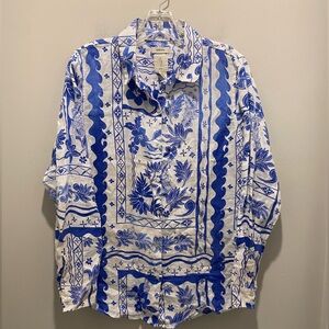 Joie Tropical Floral 100% Linen Shirt Blue White Women's Size Medium L/S Beach